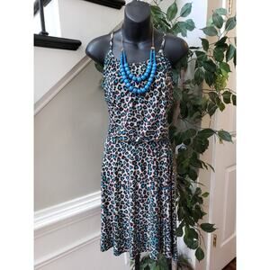 Nine & Co. Flare Dress Women 4 Multi Leopard Print Pleated Sleeveless Round Neck